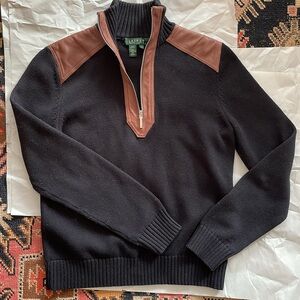 Ralph Lauren 1/4 Zip Black Cotton Sweater Leather NWOT Pullover Top Classic Prep